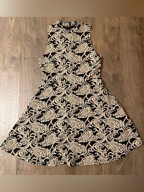 Sleeveless Black & Tan Paisley Fit-and-Flare Dress